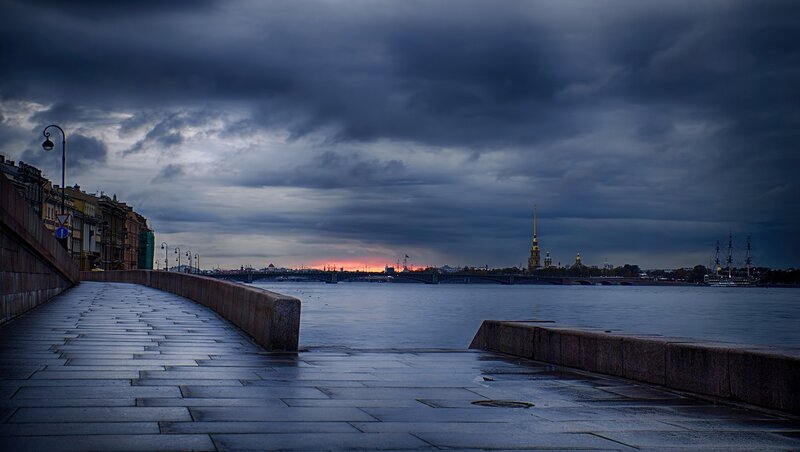 Riverfront Walkway at Dusk — Gray, Dramatic, Sunset