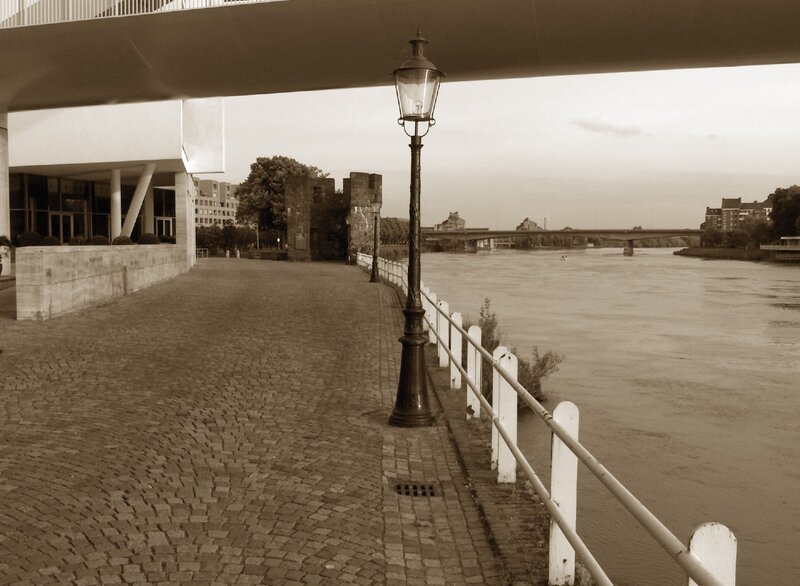 Riverfront walkway at dusk