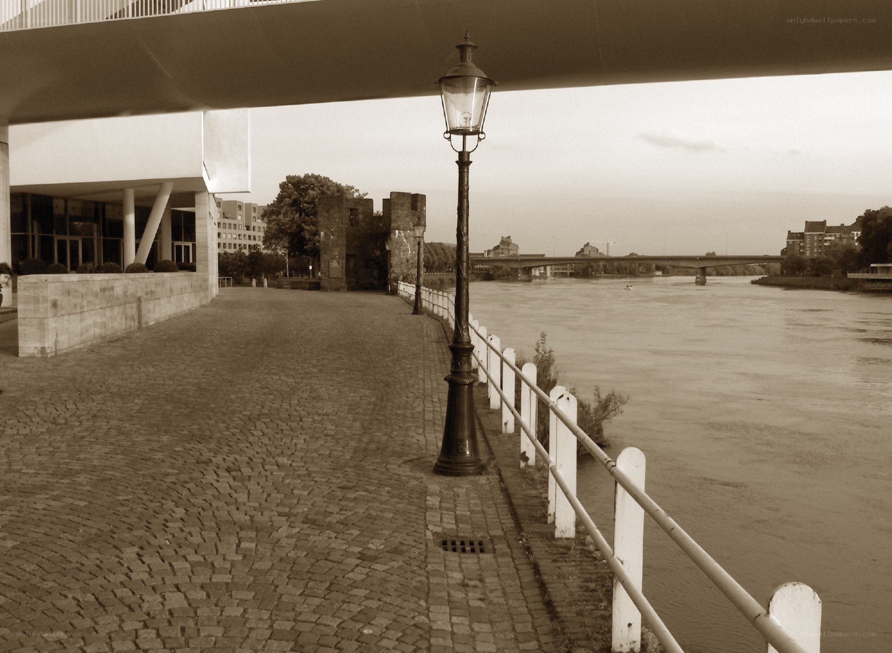 Riverfront walkway at dusk