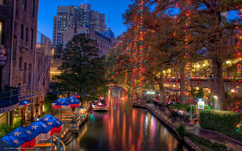 Riverwalk at Night — Blue, Festive