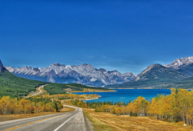 Road Along Lake and Mountains — Blue