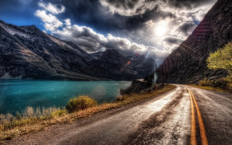 Road Along Lake in Mountains — Blue, Dramatic