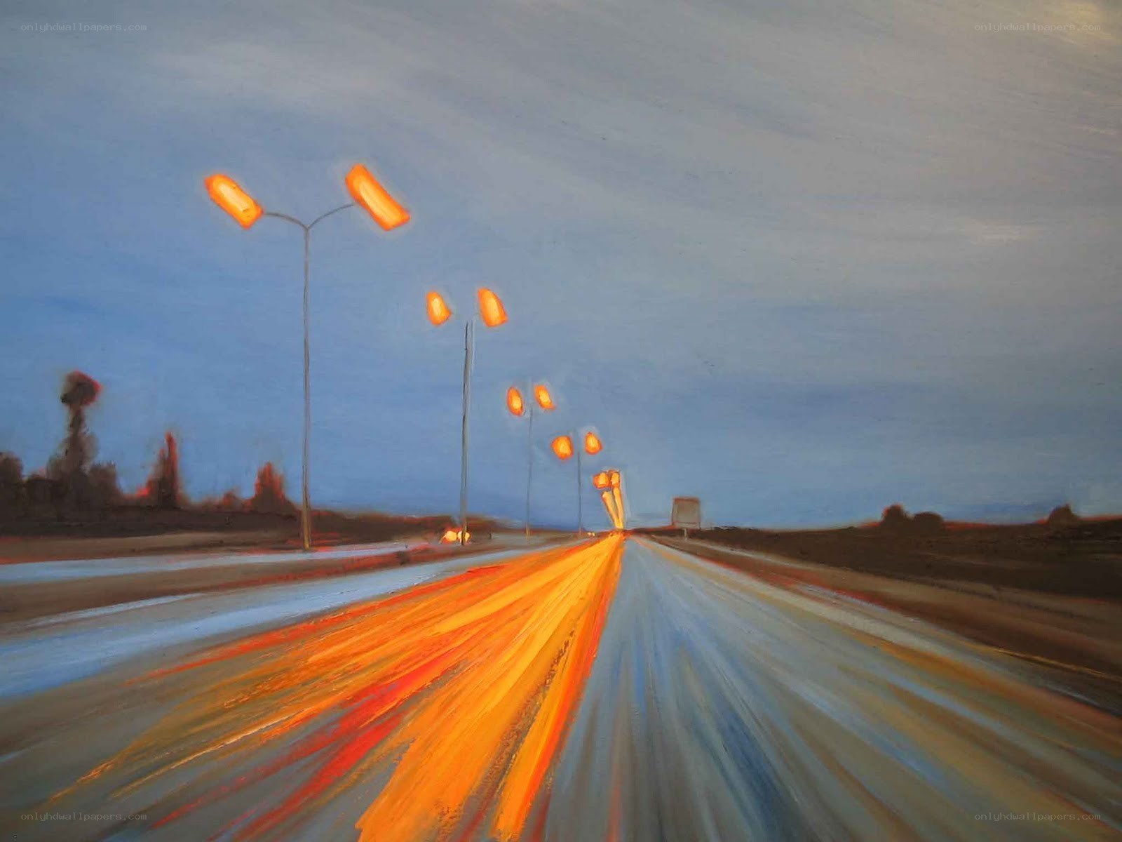Road at dusk with light trails