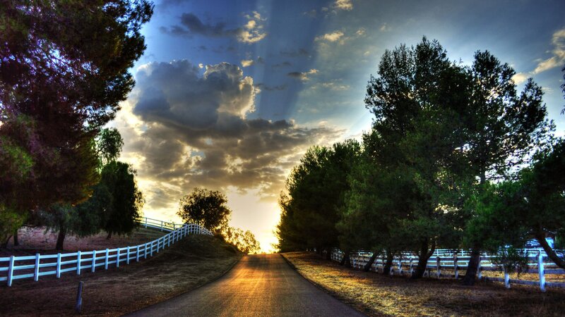 Road at Sunset — Blue, Dramatic, Photograph, Trees, Fences, Clouds