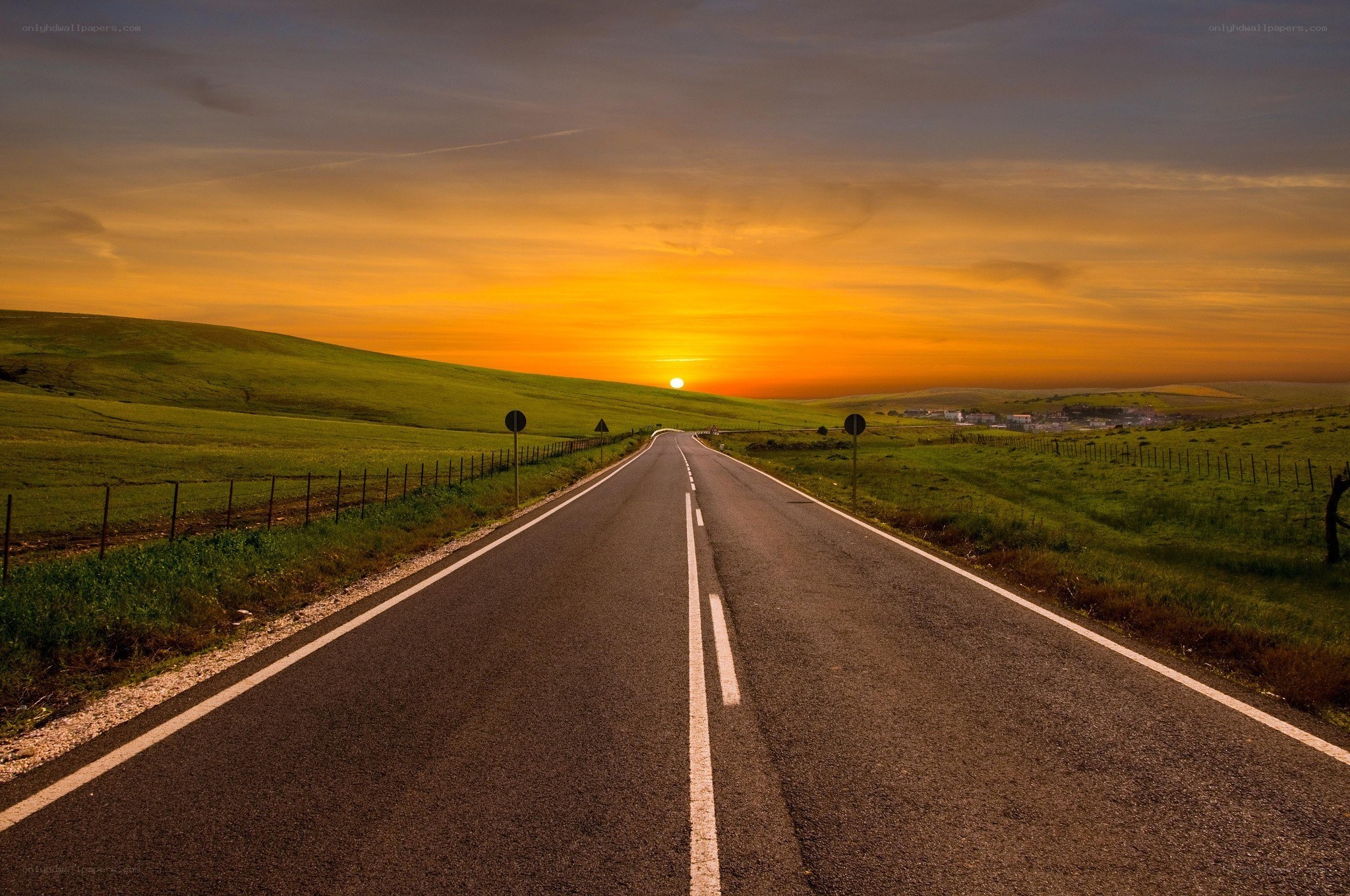 Road at sunset in green fields