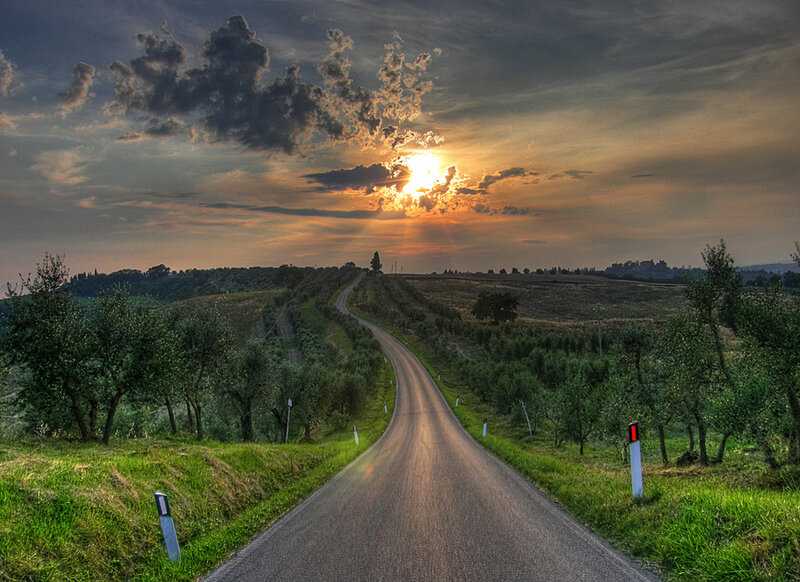 Road at sunset in the countryside