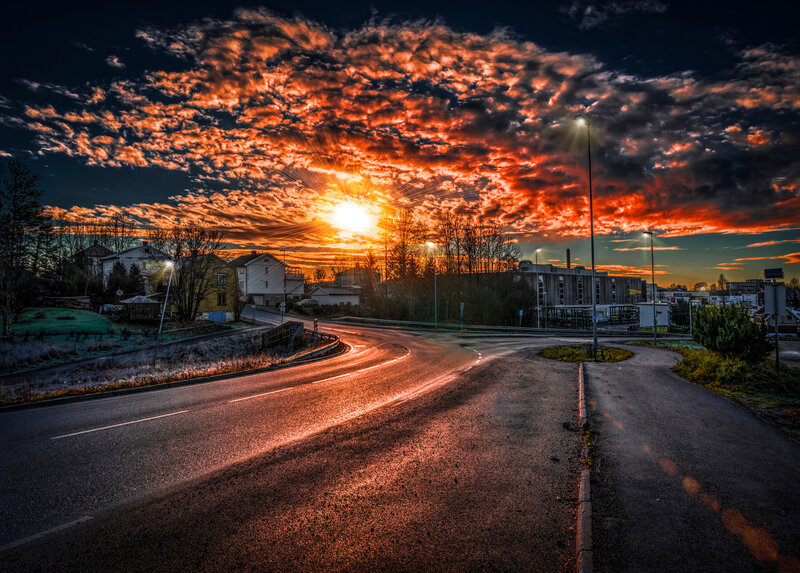 Road at Sunset — Orange, Dramatic, Photograph, Clouds, Buildings
