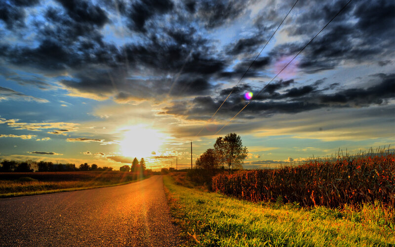 Road at Sunset — Orange, Dramatic, Photograph, Cornfield