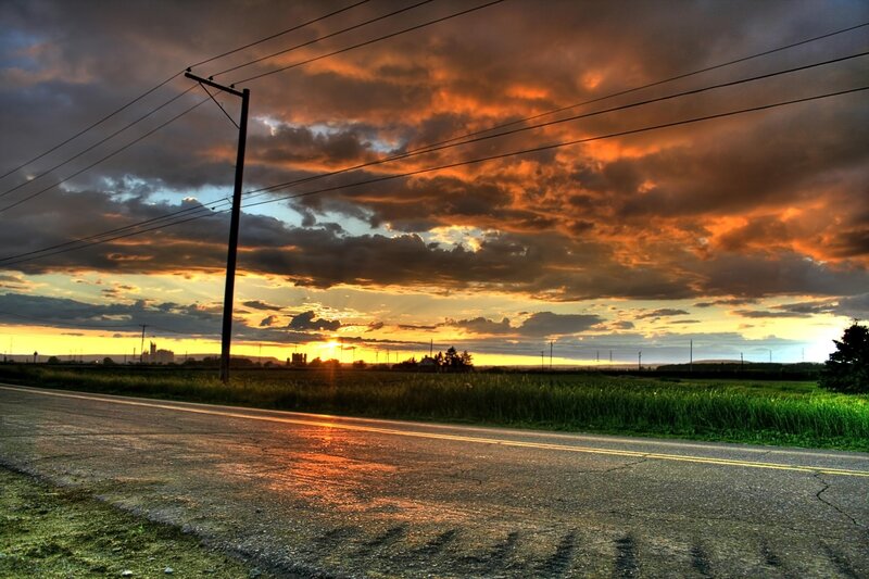 Road at Sunset — Orange, Dramatic, Photograph, Power Lines