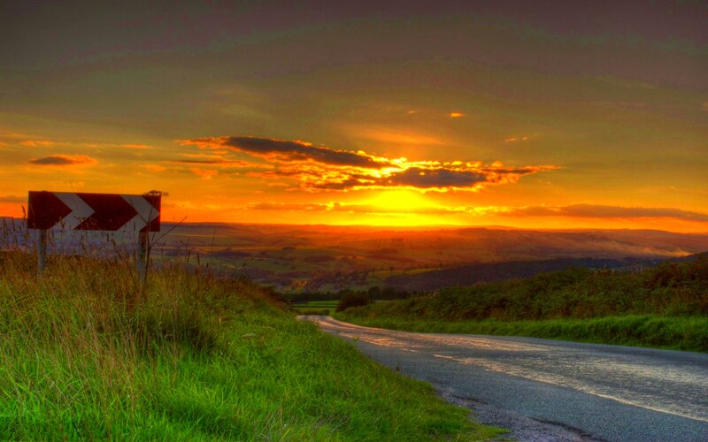 Road at Sunset — Orange, Dramatic, Photograph, Sign
