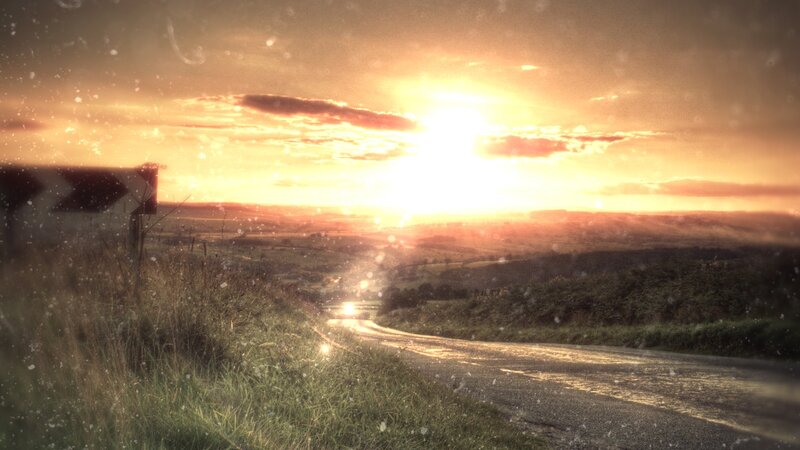 Road at Sunset — Orange, Dramatic, Photograph, Sun, Clouds, Grass