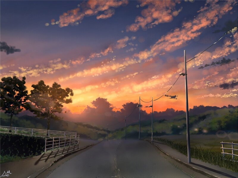 Road at Sunset — Orange, Serene, Digital Art, Trees
