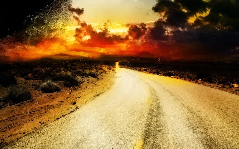 Road at sunset with moon