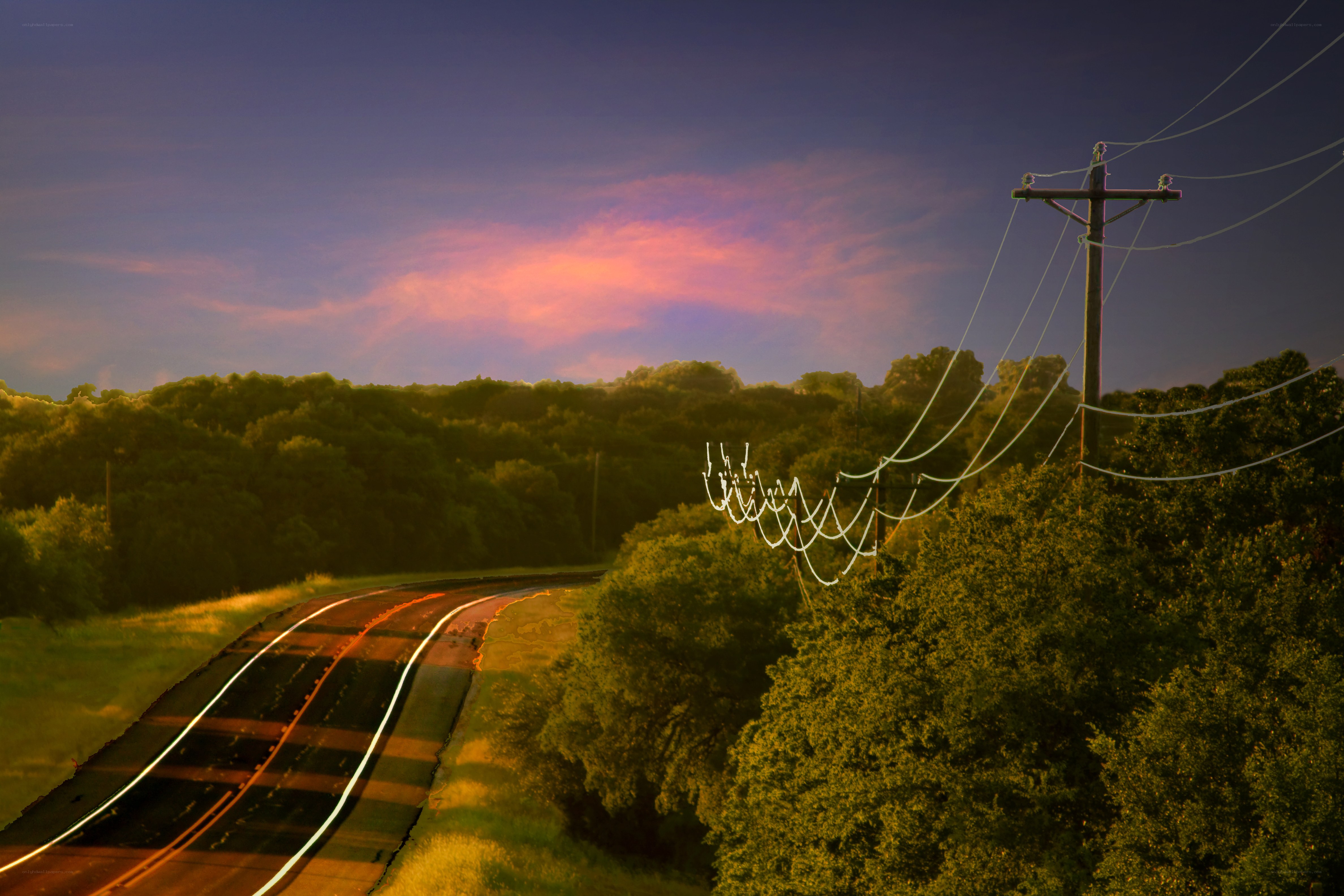Road at Sunset with Power Lines