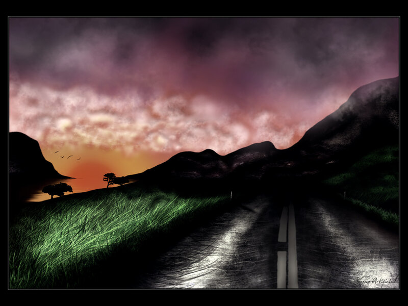 Road at sunset with purple sky
