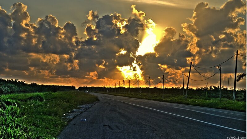 Road at Sunset — Yellow, Dramatic, Photograph, Clouds