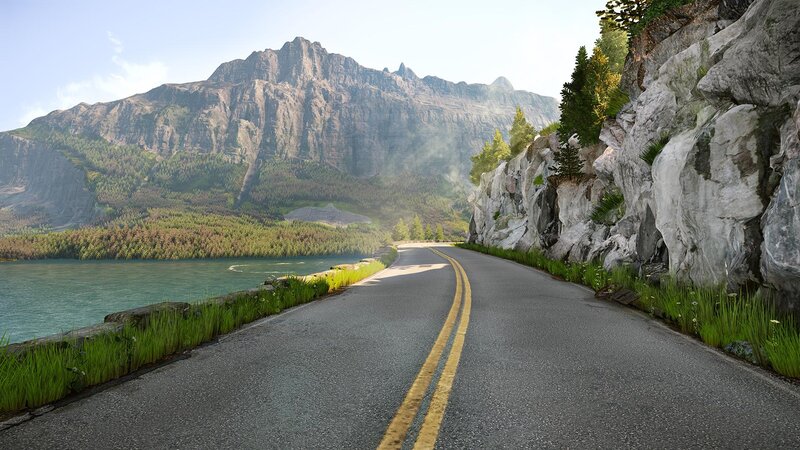 Road Beside Lake and Mountain