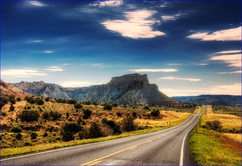 Road Leading to Mesa — Blue, Dramatic, Afternoon, Photograph, Sky