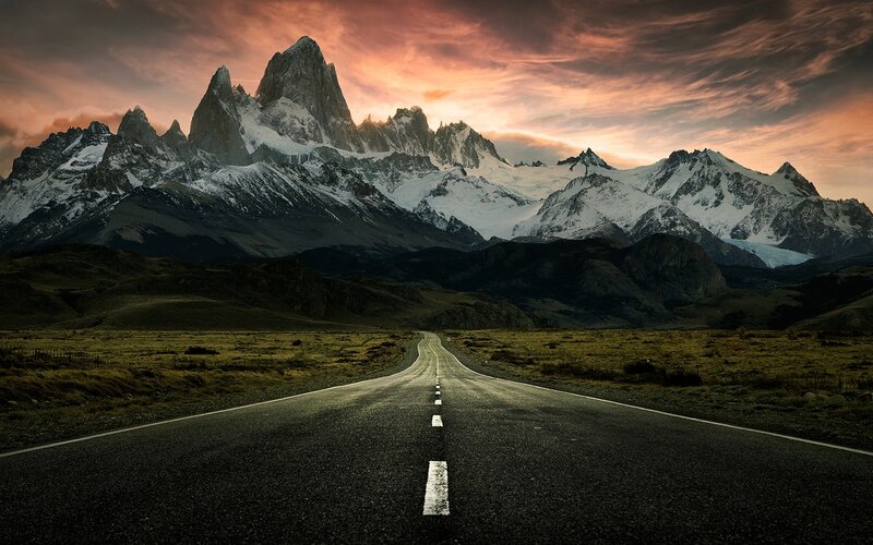 Road Leading to Mountains — Black, Dramatic, Sunset
