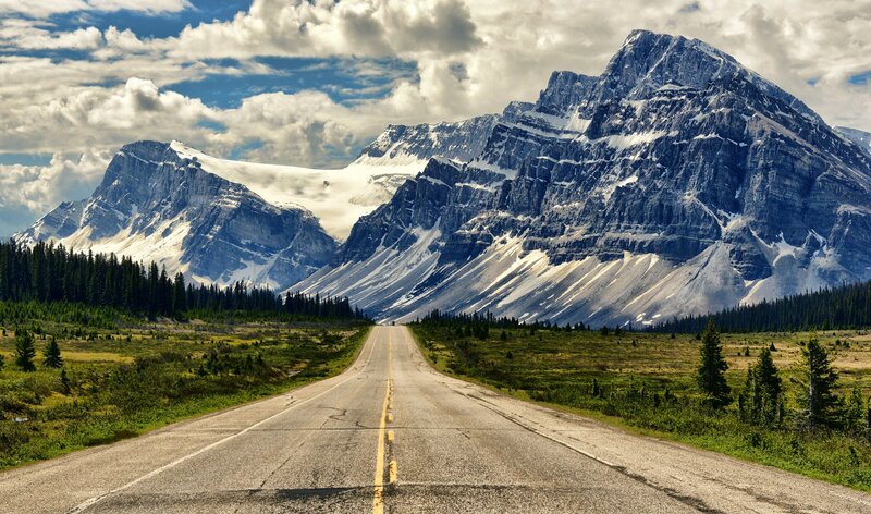 Road Leading to Mountains — Blue, Dramatic, Afternoon, Photograph, Forest