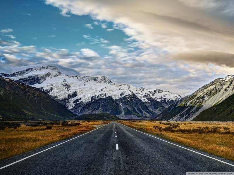 Road Leading to Mountains — Blue, Dramatic, Afternoon, Photograph, Sky