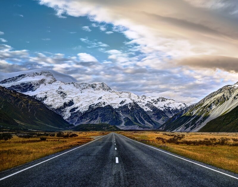 Road Leading to Mountains — Blue, Dramatic, Afternoon, Photograph