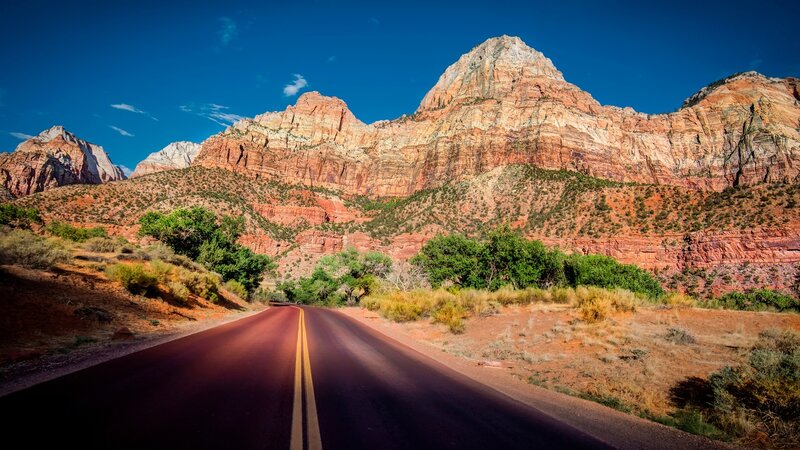 Road Leading to Mountains — Blue, Dramatic, Afternoon, Photograph, Trees