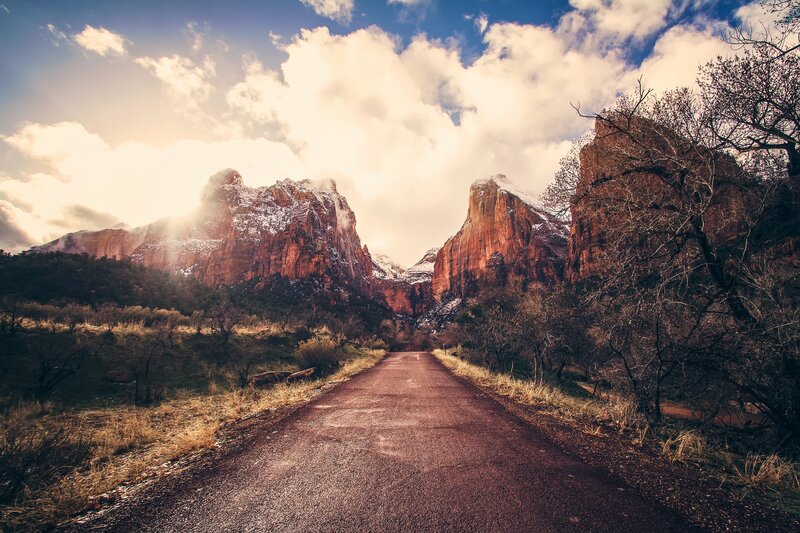 Road Leading to Mountains — Blue, Dramatic, Winter