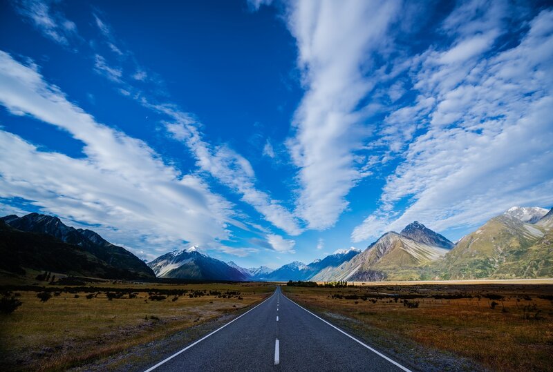 Road Leading to Mountains — Blue, Serene, Afternoon, Photograph, Sky