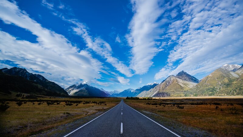 Road Leading to Mountains — Blue, Serene, Afternoon, Photograph