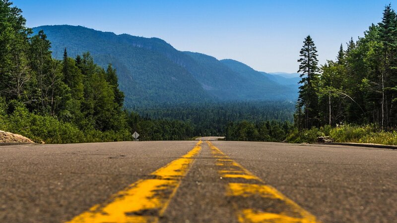 Road Leading to Mountains — Blue, Serene, Afternoon, Photograph, Trees