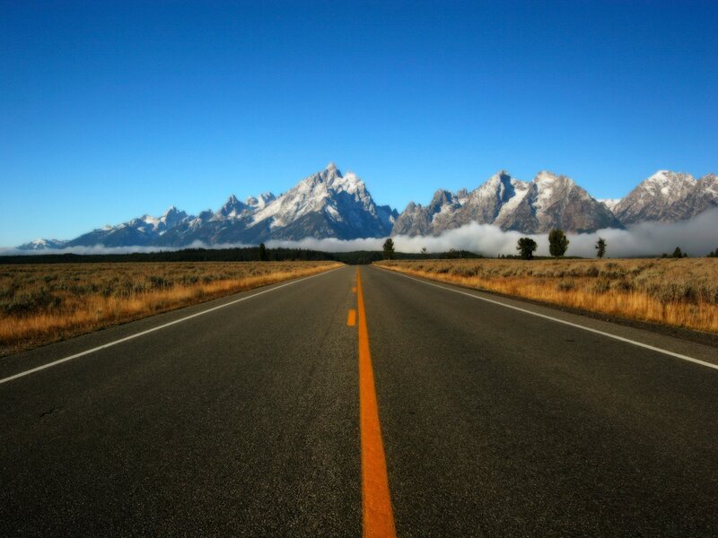 Road Leading to Mountains — Blue, Serene, Morning, Photograph, Clouds, Trees
