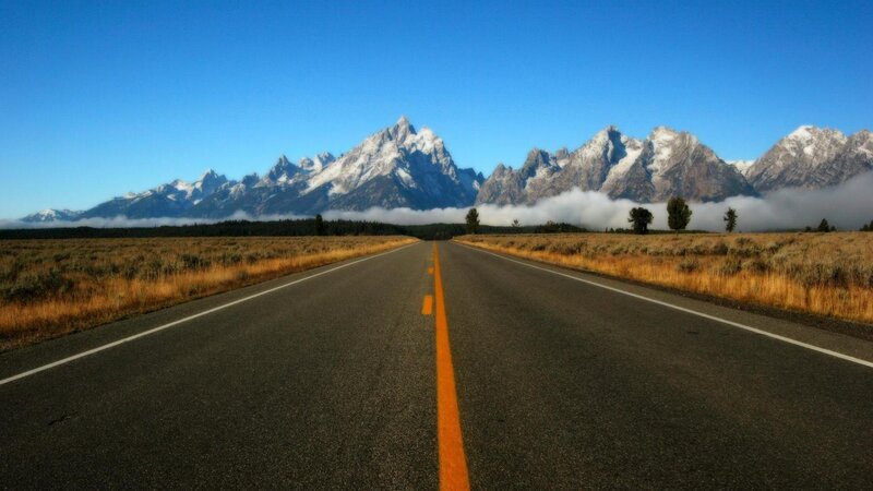 Road Leading to Mountains — Blue, Serene, Morning, Photograph