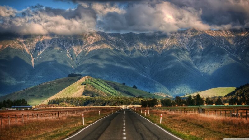 Road Leading to Mountains — Green, Dramatic, Afternoon, Photograph, Hills, Clouds