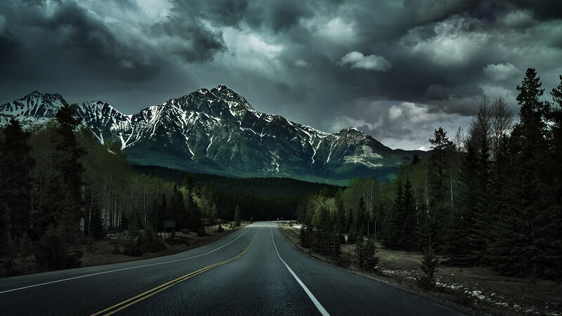 Road Leading to Mountains — Green, Dramatic, Night, Photograph