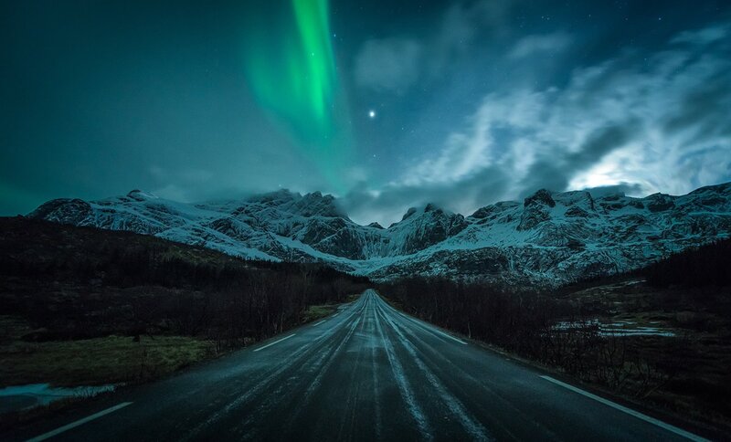 Road Leading to Mountains — Green, Dramatic, Night
