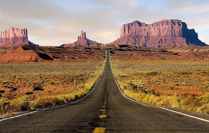 Road Leading to Rock Formations — Red, Serene, Afternoon, Photograph, Rock Formations, Desert, Sky, Brown, Yellow