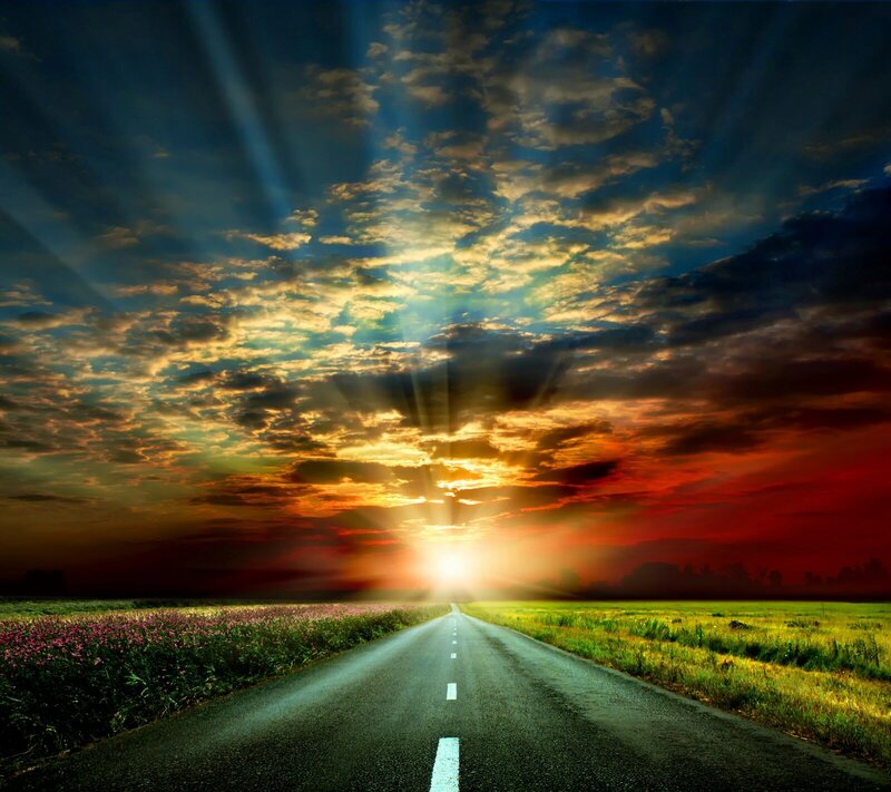 Road Leading to Sunset — Orange, Dramatic, Photograph, Sun