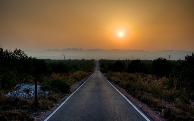 Road Leading to Sunset — Orange, Serene, Photograph, Sun