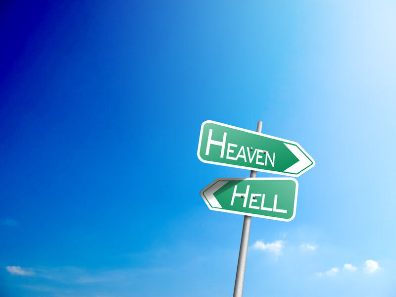 Road Signs Pointing to Heaven and Hell — Blue, Serene, Afternoon, 3d Render, Sky, Pole