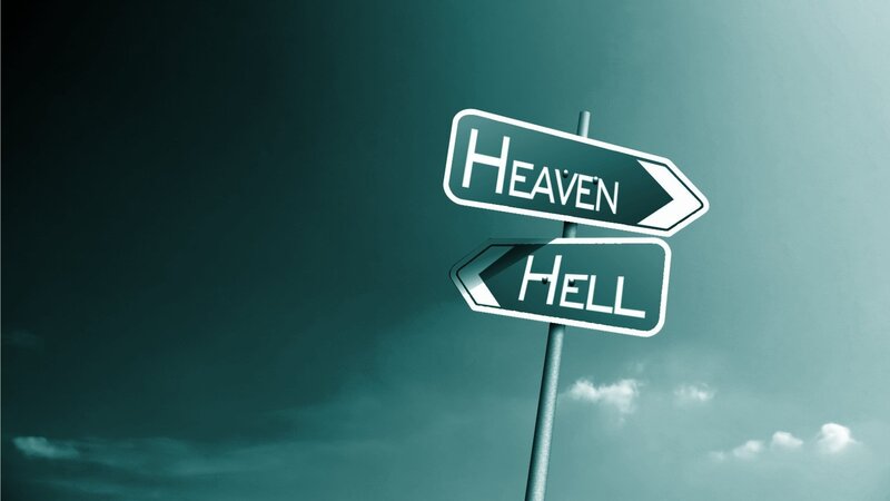 Road Signs Pointing to Heaven and Hell — Teal, Dramatic, Digital Art, Sky
