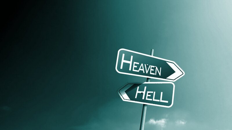 Road Signs Pointing to Heaven and Hell — Teal, Dramatic, Digital Art