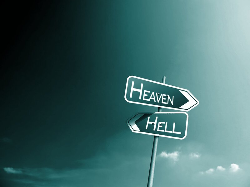 Road Signs Pointing to Heaven and Hell — Teal, Dramatic