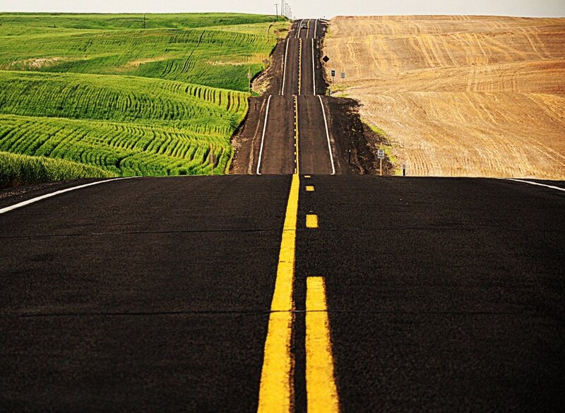 Road stretching through green fields