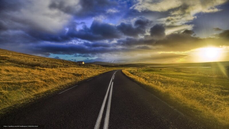 Road Stretching to Horizon — Blue, Dramatic, Sunset, Photograph, Clouds, Sun