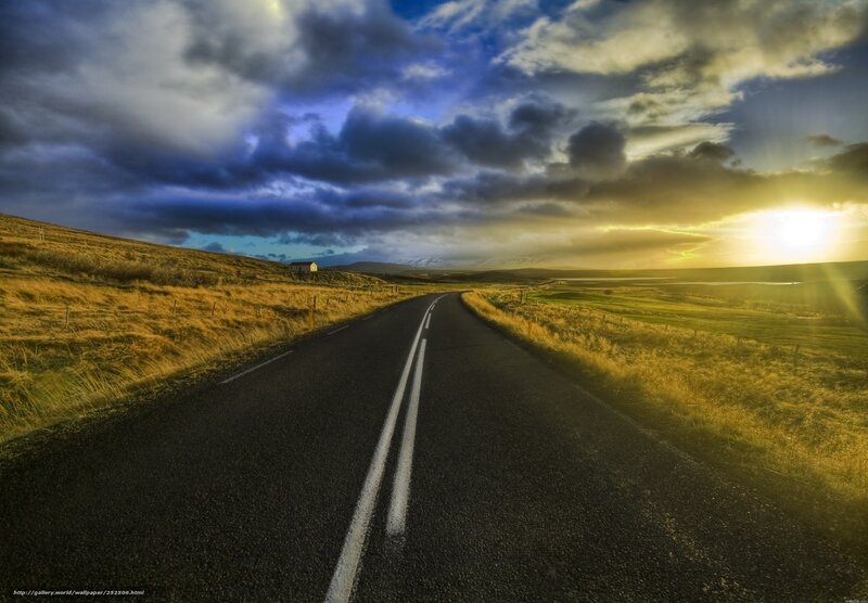 Road Stretching to Horizon — Blue, Dramatic, Sunset, Photograph, Clouds