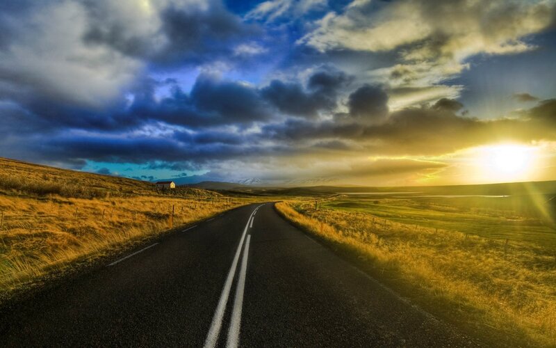 Road Stretching to Horizon — Blue, Dramatic, Sunset, Photograph, Sky
