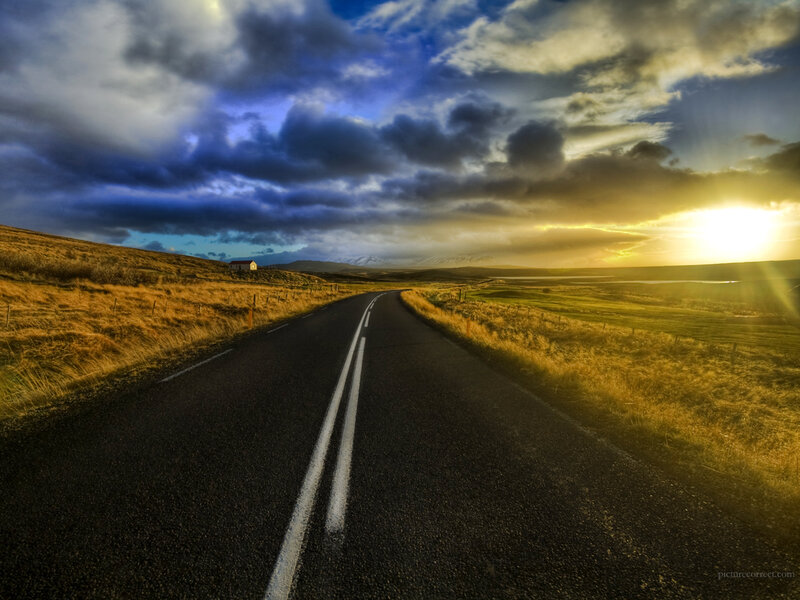 Road Stretching to Horizon — Blue, Dramatic, Sunset, Photograph, Sun
