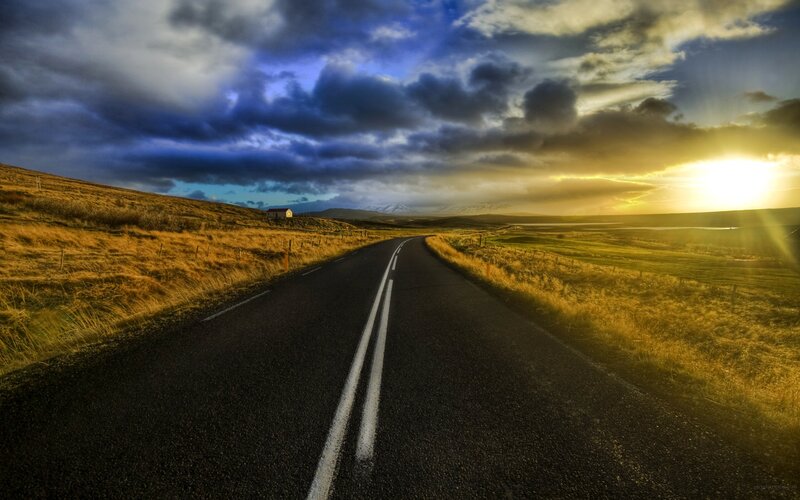 Road Stretching to Horizon — Blue, Dramatic, Sunset, Photograph