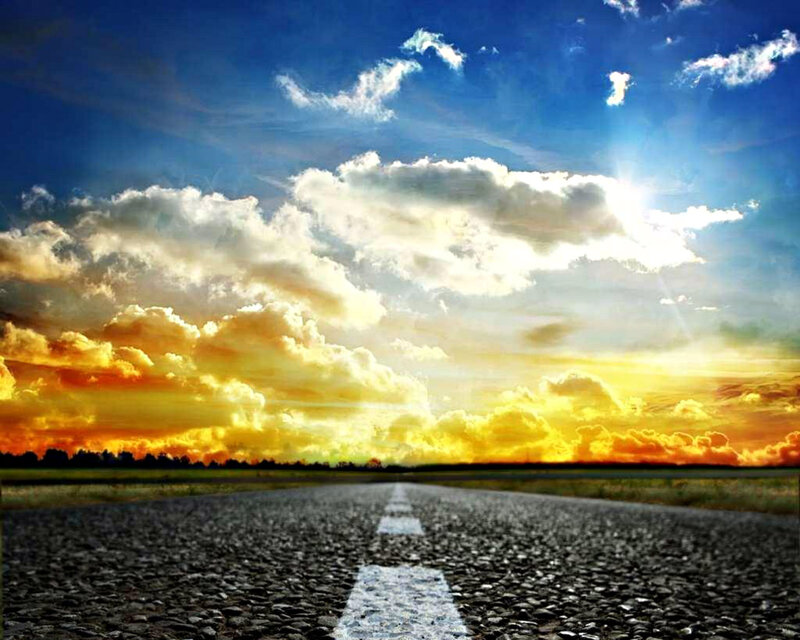 Road Stretching to Horizon — Blue, Dramatic, Sunset